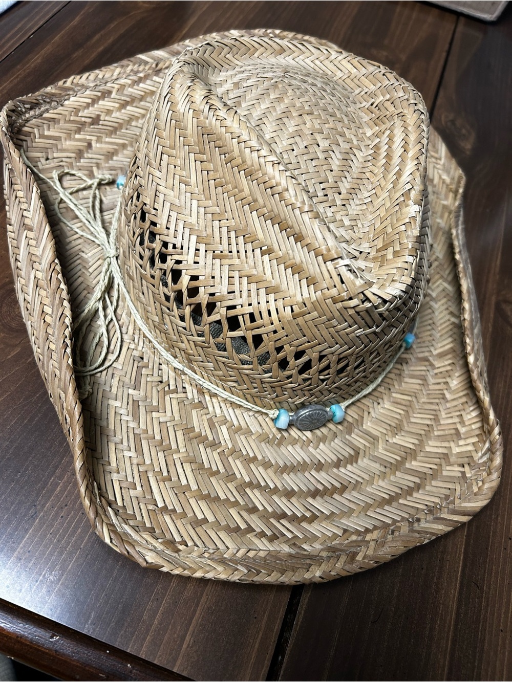 Womens one size Straw Cowboy Hat with Turquoise Bead Trim - Natural